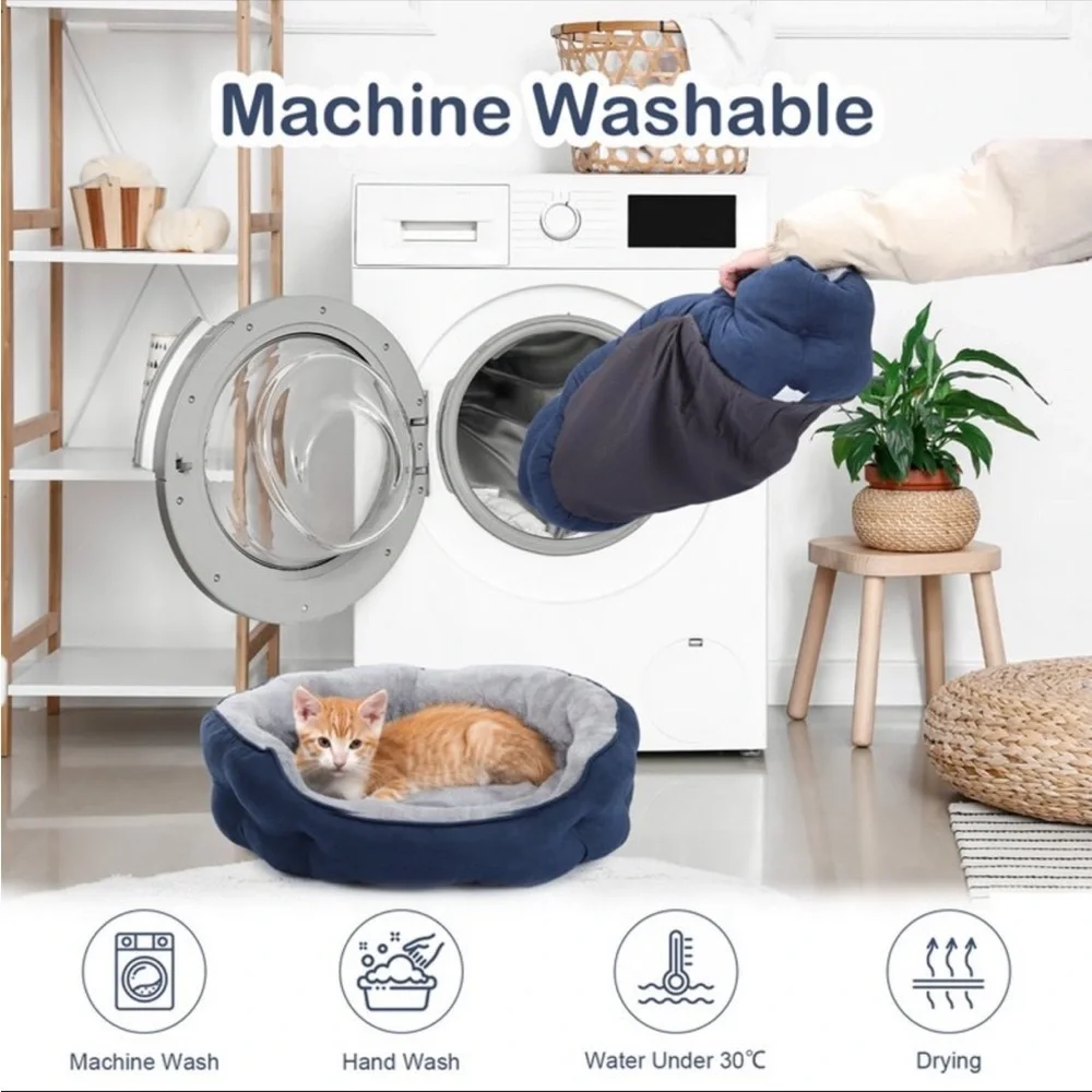 PureWags Navy & Gray 20 Inch Round Washable Cat Bed with Non-Slip Base